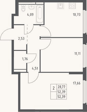Планировка: 2-к, 52,4 м²