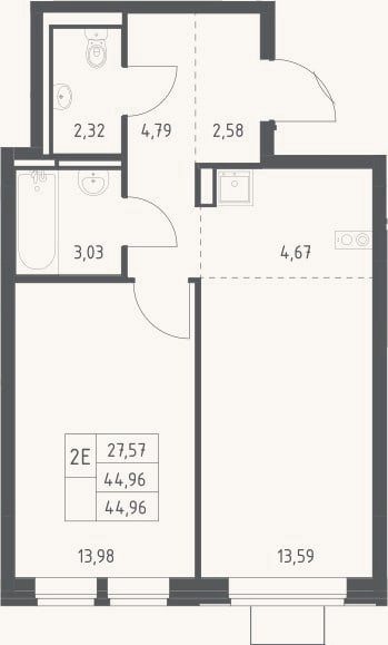 Планировка: 2-к, 45 м²