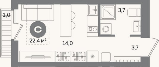 Планировка: Студия, 21,4 м²