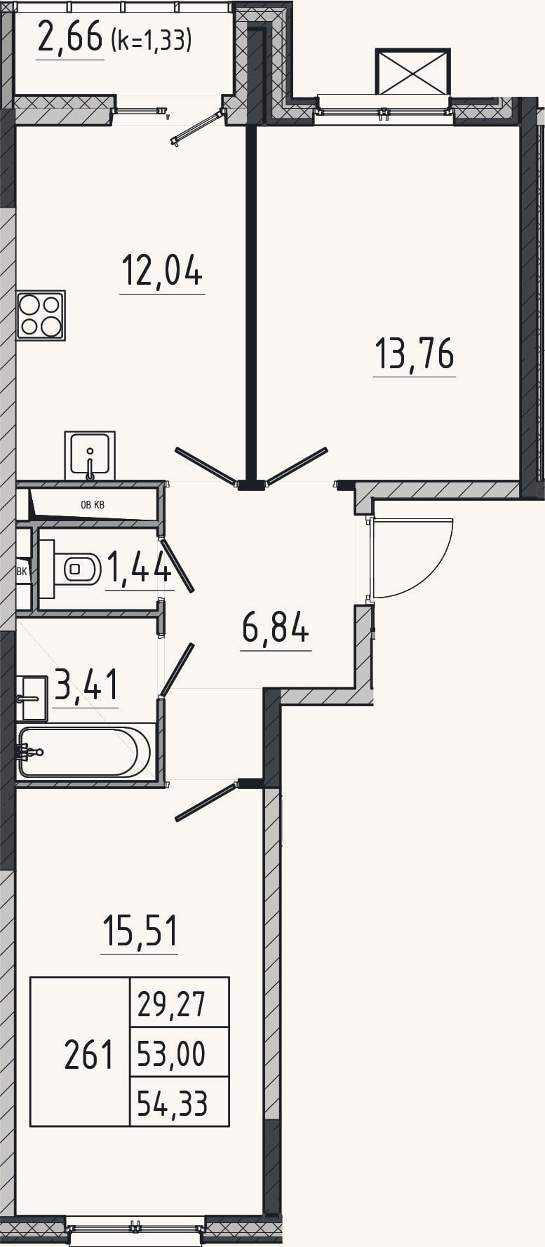 Планировка: 2-к, 53 м²