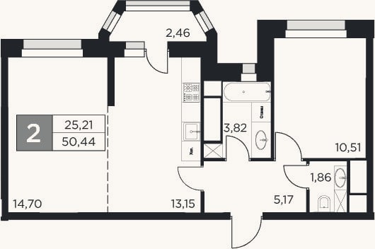 Планировка: 2-к, 49,2 м²
