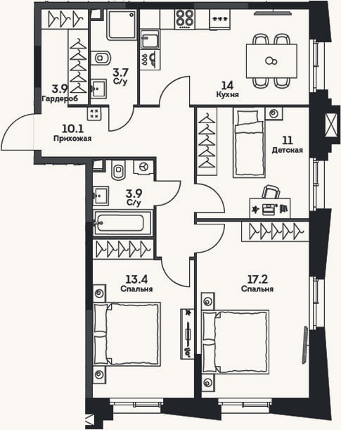 Планировка: 3-к, 77,2 м²