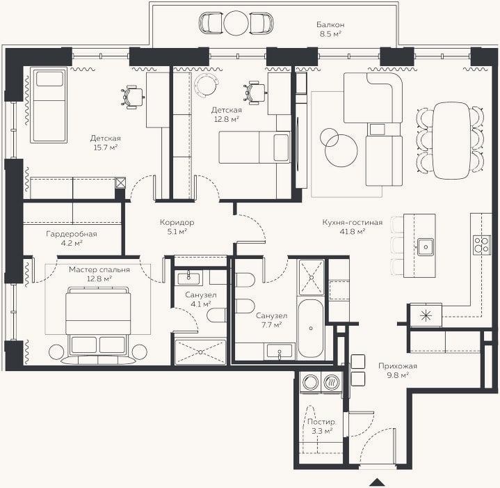 Планировка: 4+ к, 129,6 м²