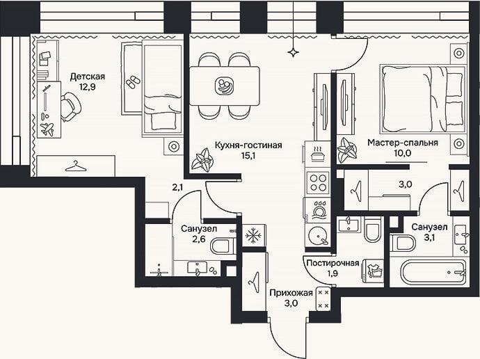 Планировка: 3-к, 53,7 м²