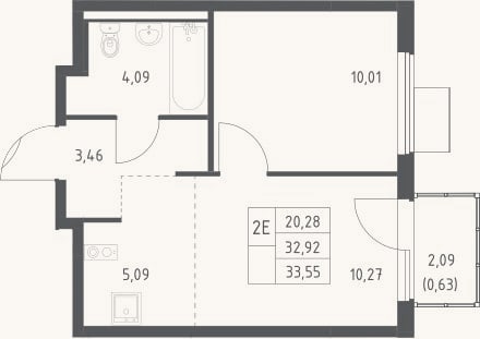 Планировка: 2-к, 32,9 м²
