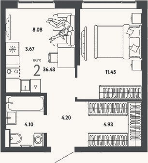 Планировка: 2-к, 36,4 м²