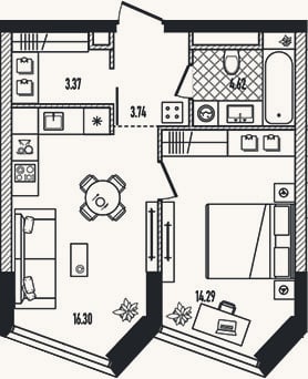 Планировка: 2-к, 42,2 м²