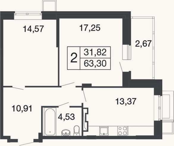 Планировка: 2-к, 60,6 м²