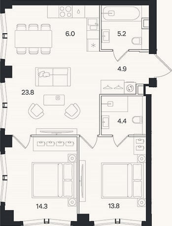 Планировка: 3-к, 72,4 м²