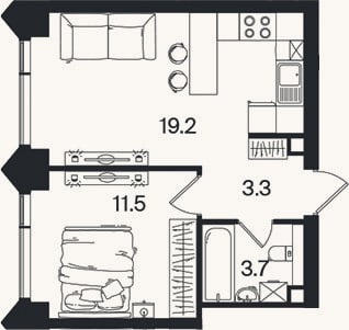 Планировка: 2-к, 37,7 м²