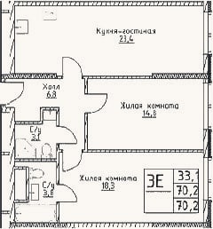 Планировка: 3-к, 70,2 м²