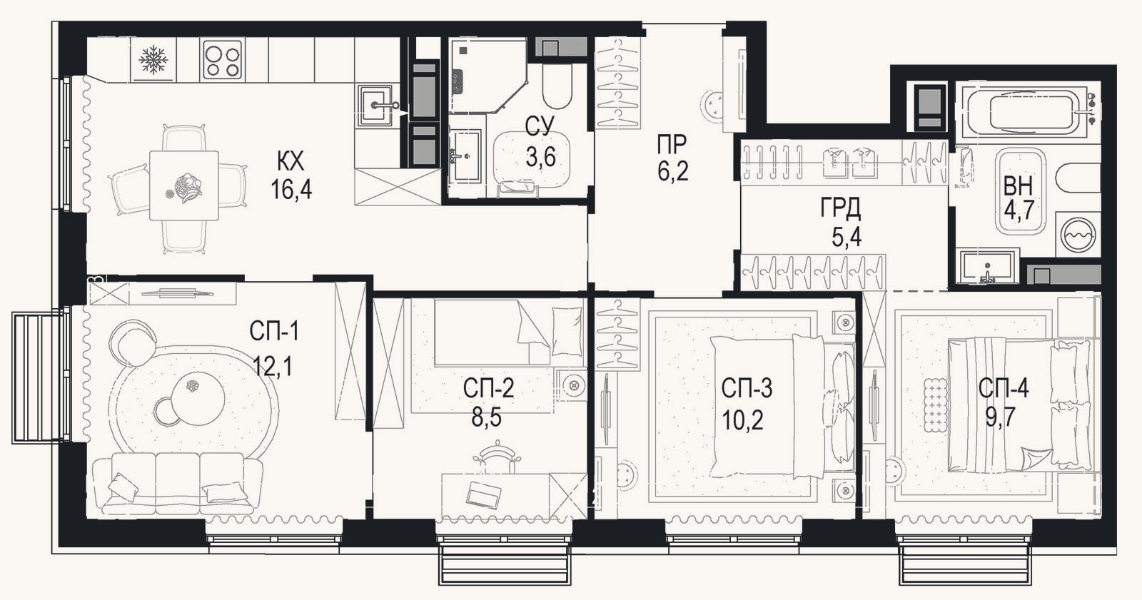Планировка: 4+ к, 76,8 м²