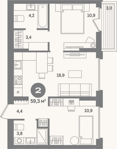 Планировка: 2-к, 56,3 м²