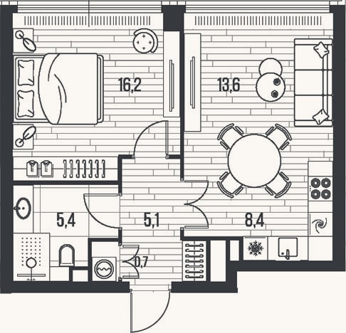 Планировка: 2-к, 49,4 м²