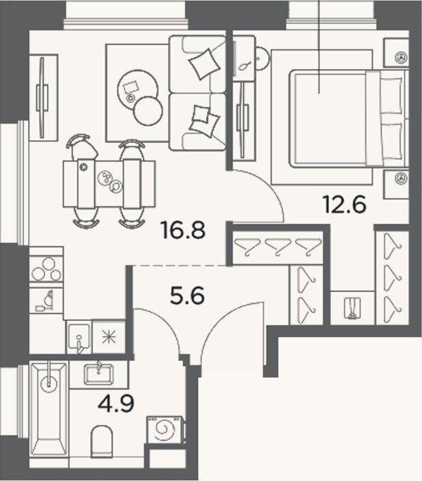 Планировка: 1-к, 39,9 м²