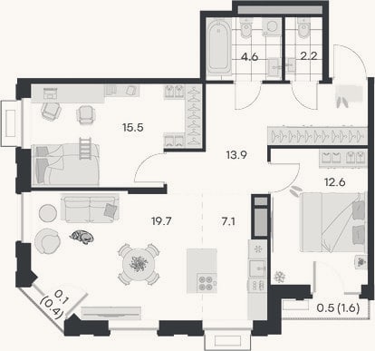 Планировка: 3-к, 75,6 м²