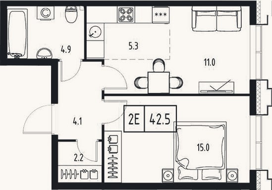 Планировка: 2-к, 42,5 м²
