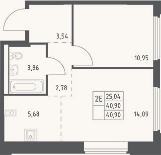 Планировка: 2-к, 40,9 м²