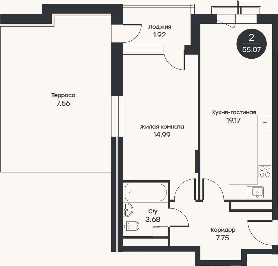 Планировка: 2-к, 45,6 м²