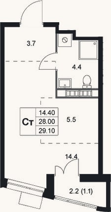 Планировка: Студия, 28 м²
