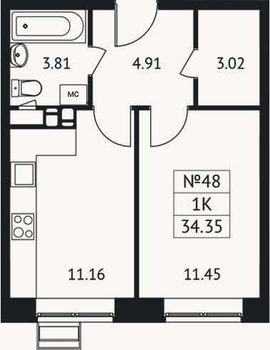 Планировка: 1-к, 34,4 м²