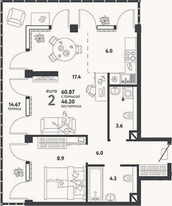 Планировка: 2-к, 46,2 м²