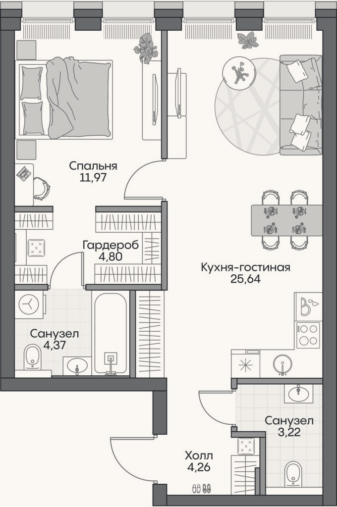 Планировка: 2-к, 53,8 м²