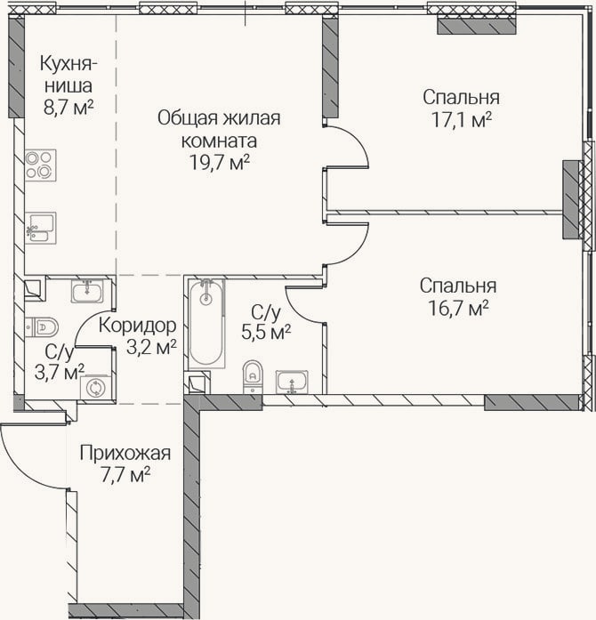 Планировка: 3-к, 82,3 м²