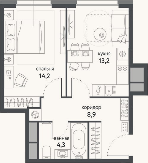 Планировка: 1-к, 40,6 м²