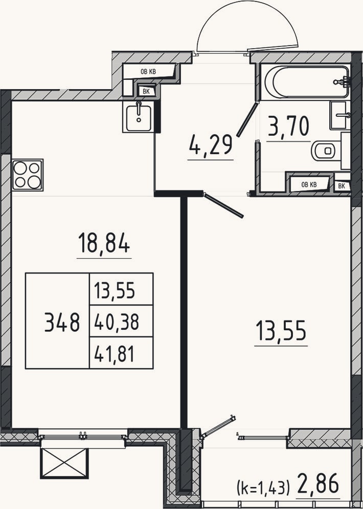 Планировка: 2-к, 40,4 м²