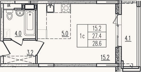 Планировка: Студия, 27,4 м²