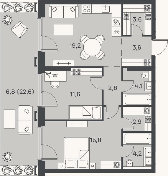 Планировка: 3-к, 67,8 м²