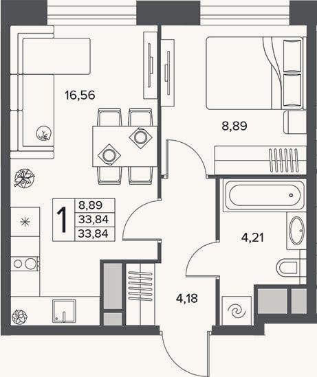 Планировка: 2-к, 33,8 м²