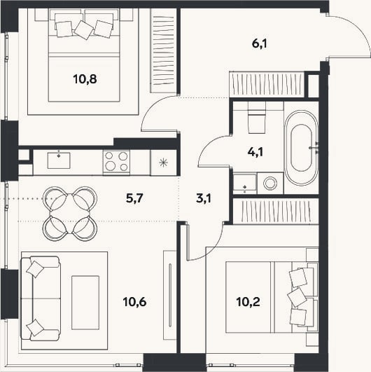Планировка: 3-к, 50,6 м²