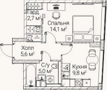 Планировка: 1-к, 37,3 м²