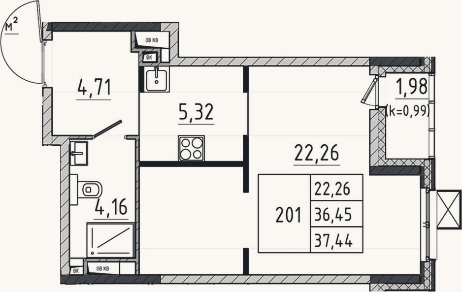 Планировка: Студия, 36,5 м²