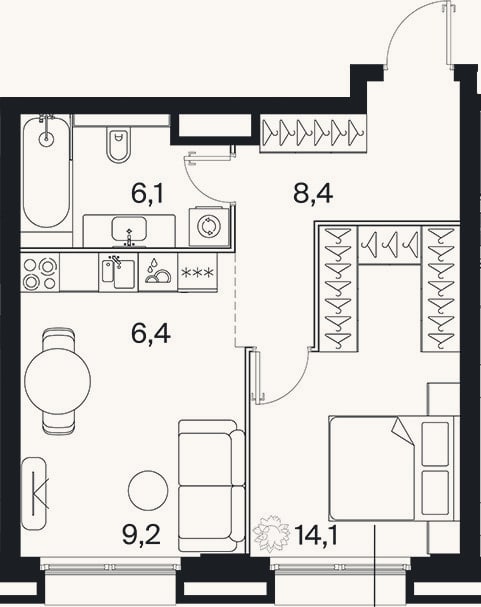 Планировка: 2-к, 44,3 м²