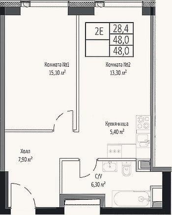 Планировка: 2-к, 48 м²