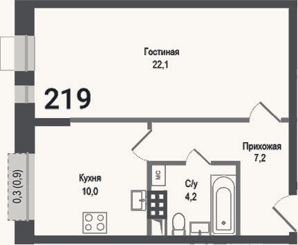 Планировка: 1-к, 43,5 м²