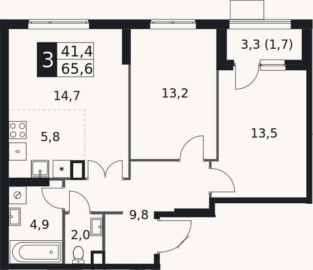 Планировка: 3-к, 63,9 м²