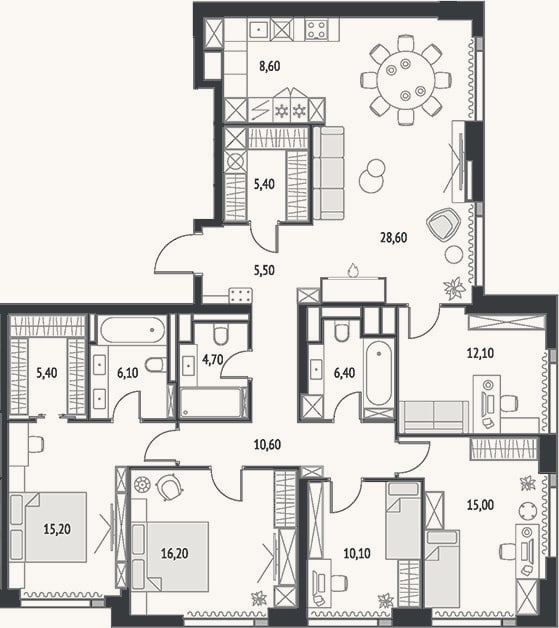 Планировка: 4+ к, 151,5 м²