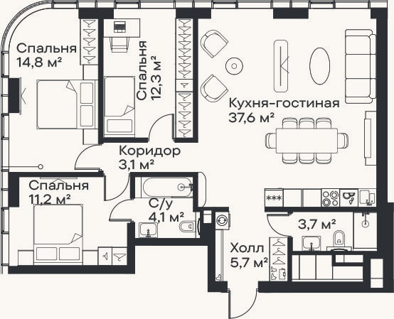 Планировка: 4+ к, 92,5 м²