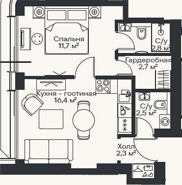 Планировка: 2-к, 38,4 м²