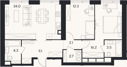 Планировка: 3-к, 74,2 м²