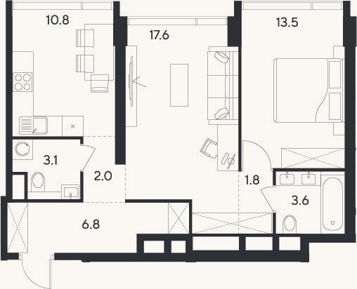 Планировка: 2-к, 59,2 м²