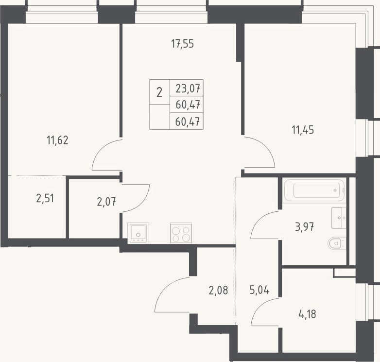 Планировка: 3-к, 60,5 м²