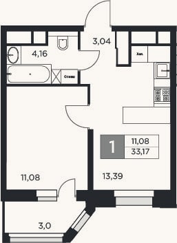 Планировка: 1-к, 31,7 м²