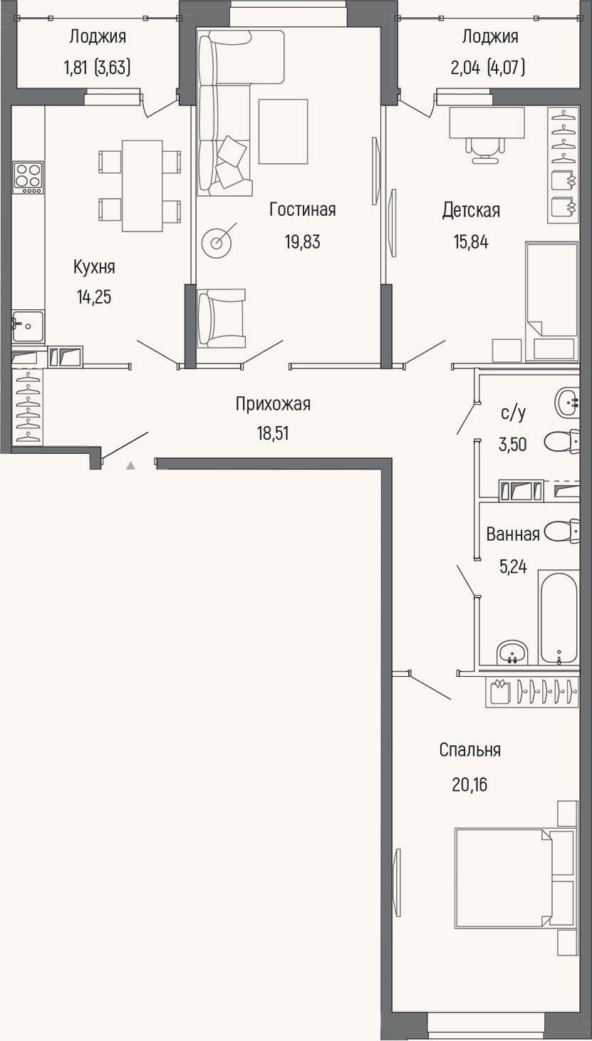 Планировка: 3-к, 94,7 м²
