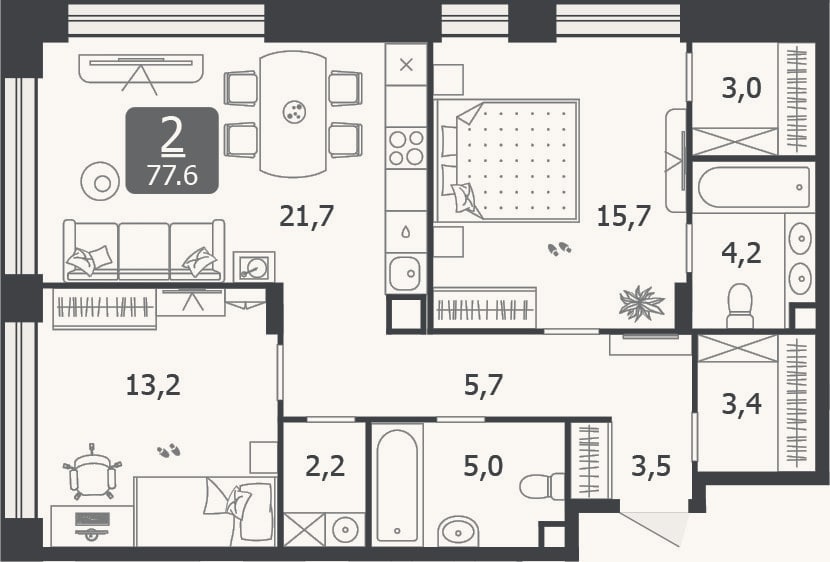 Планировка: 3-к, 77,6 м²