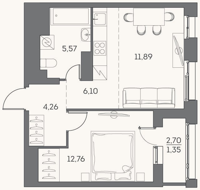 Планировка: 2-к, 40,6 м²
